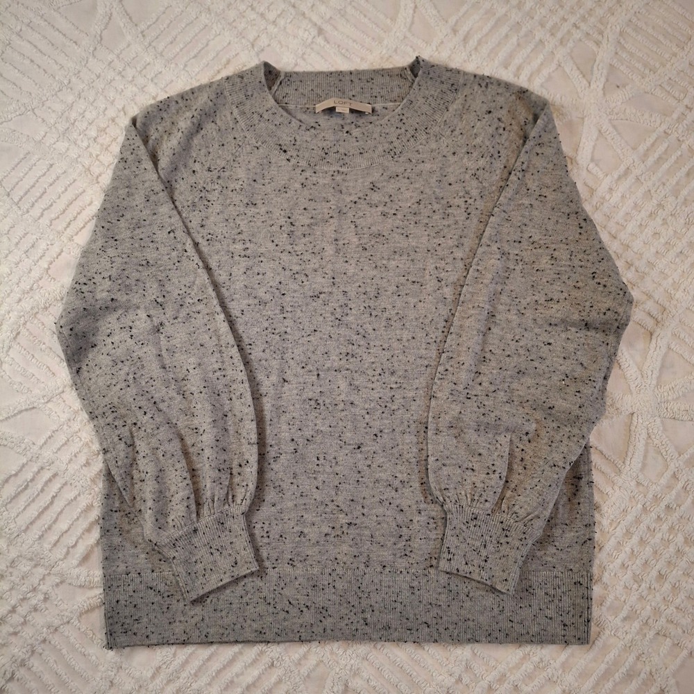 Loft Women Large Sweater Gray Black Speckled Puff Sleeve Crew Neck Pullover